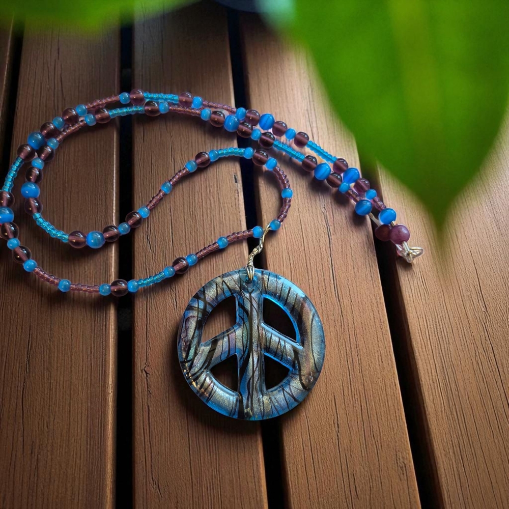 Blue and Purple Beaded Peace Necklace Boho Festival Hippy